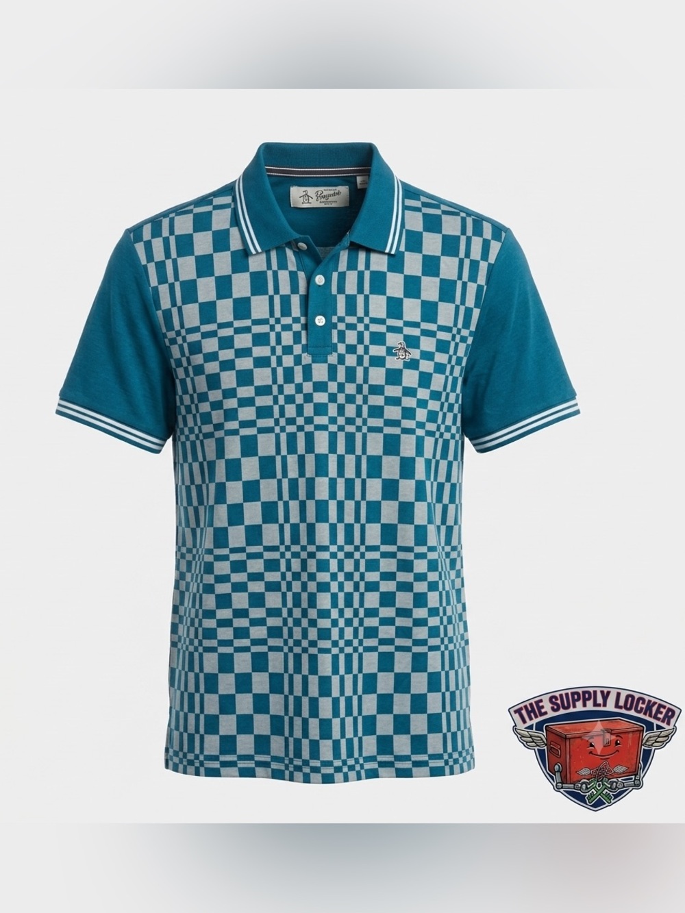 Original Penguin Polo Shirt Men’s Medium Blue Checkerboard Short Sleeve NWT